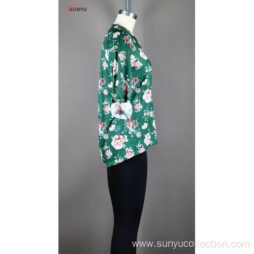 ladie's flower printed long T-shirt sleev v-neck